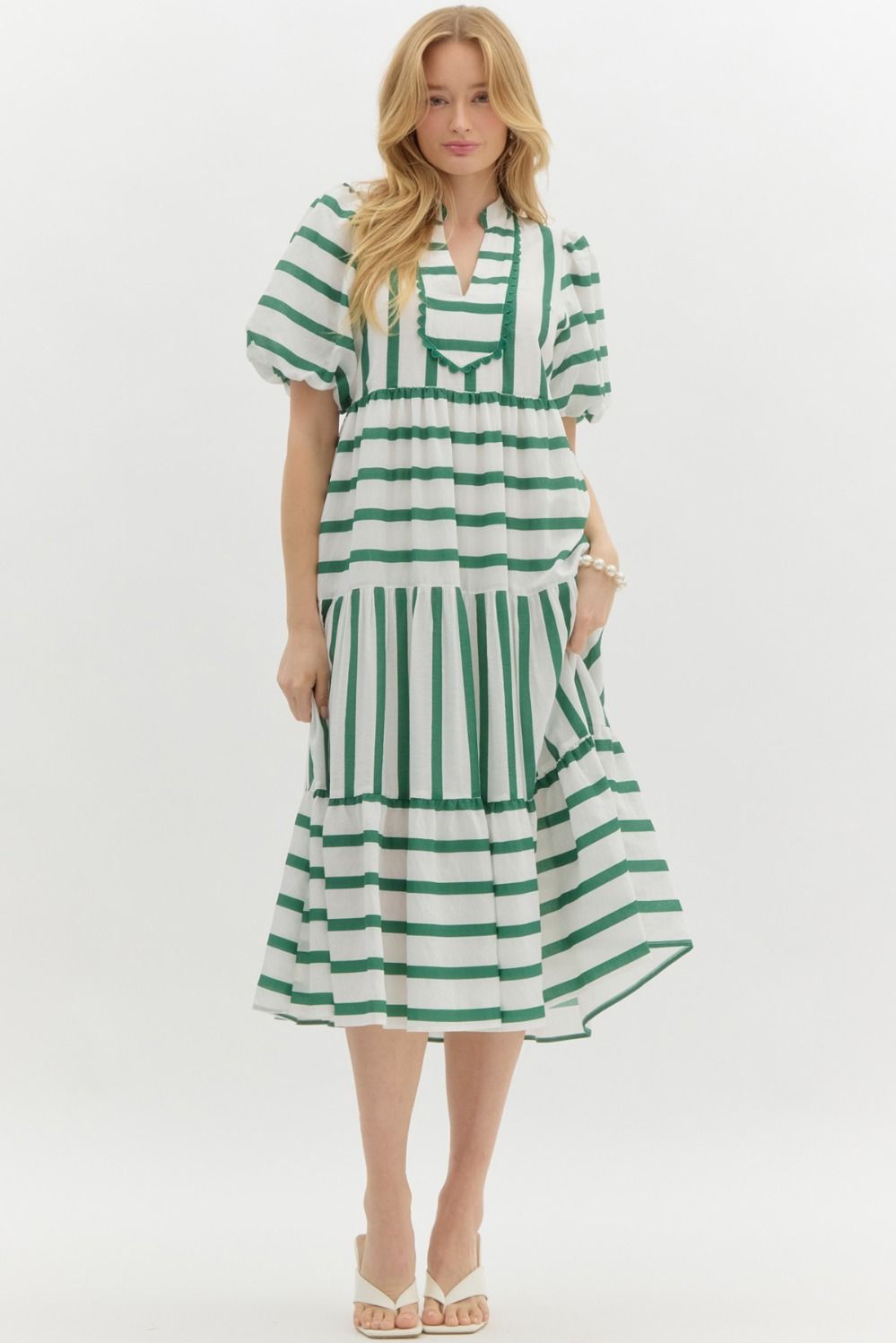 Entro Striped Scallop Midi Dress