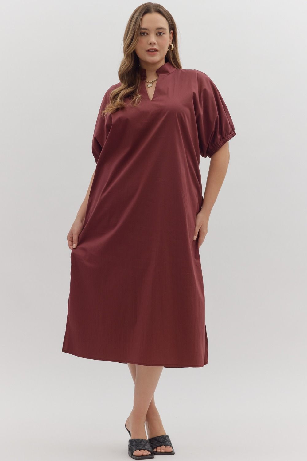 Entro Solid Puff Sleeve Midi with V-Neckline