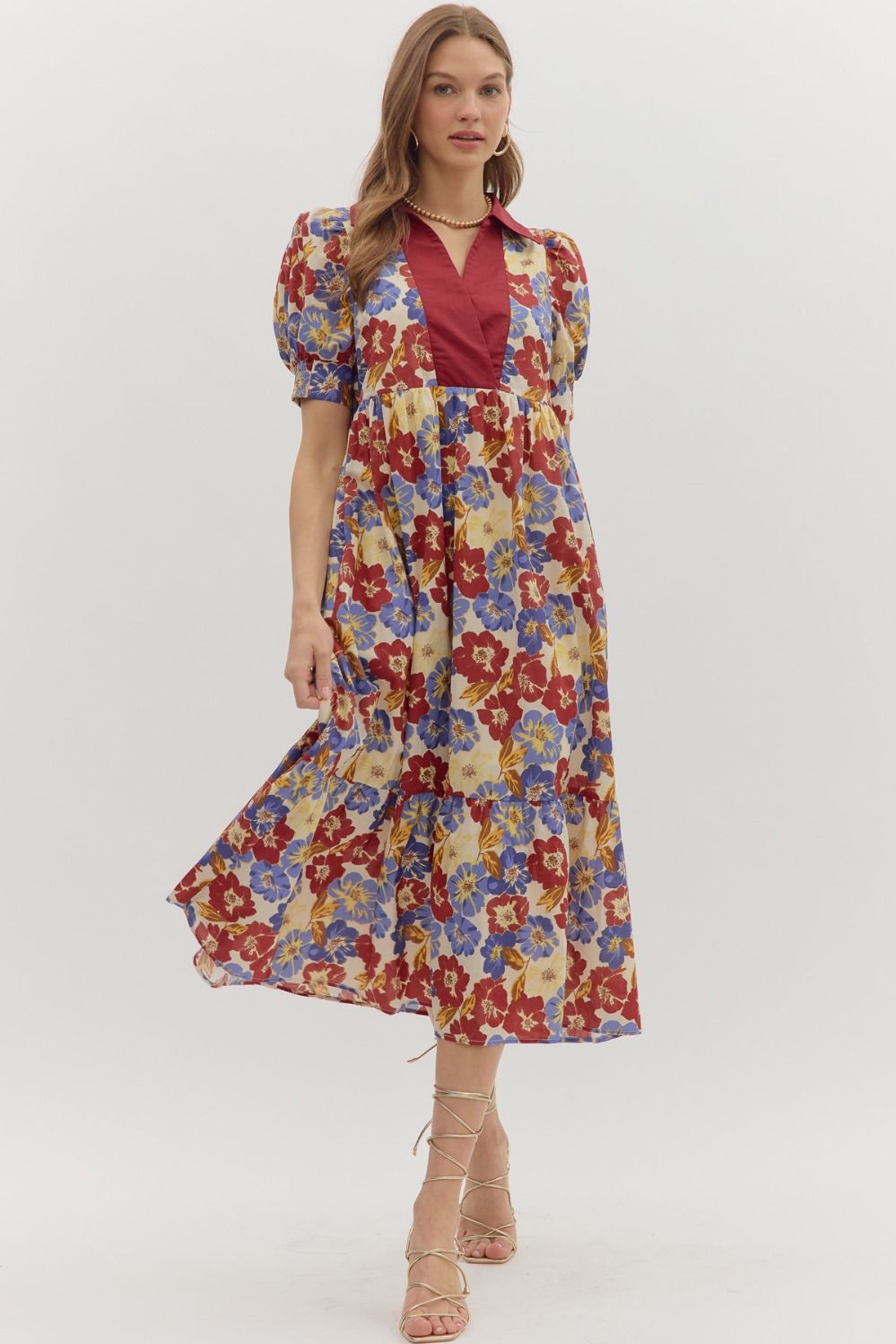 Entro Floral Print Midi with Bold Band Collar