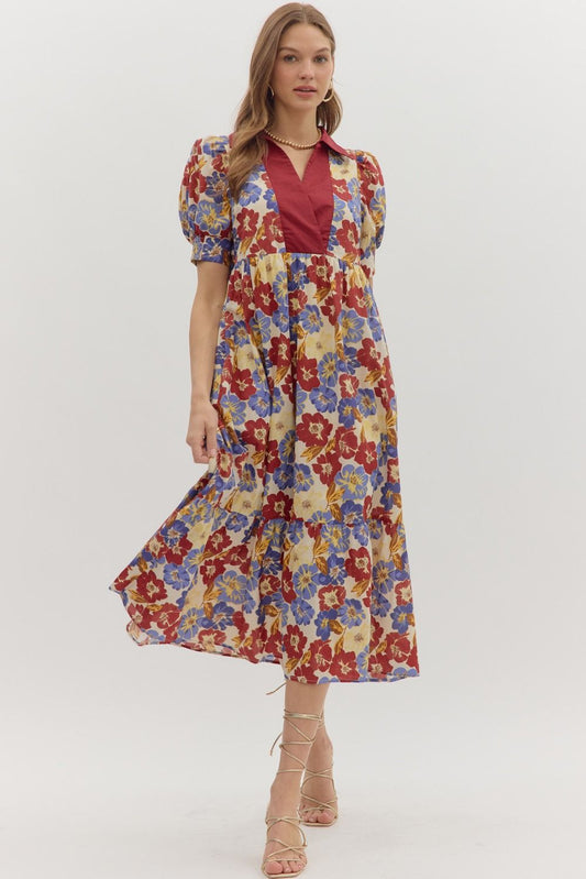 Entro Floral Print Midi with Bold Band Collar