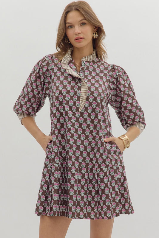 Entro Brown Floral Mini Dress w/Striped Ruffle Neck