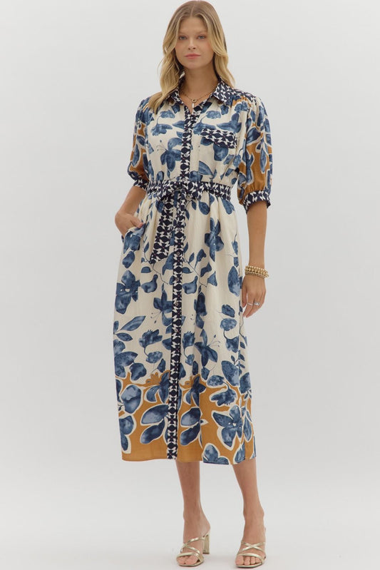 Entro Botanical Midi Shirt Dress with Belt