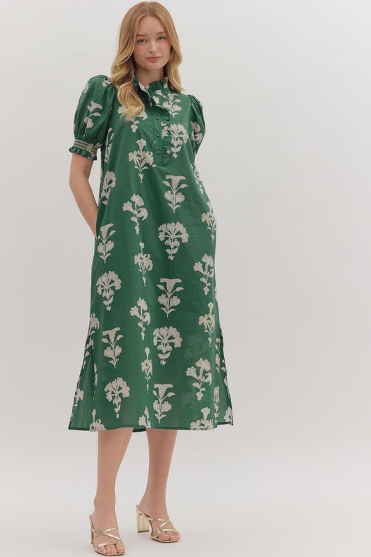 Entro Hunter Green Botanical Puff Sleeve Midi