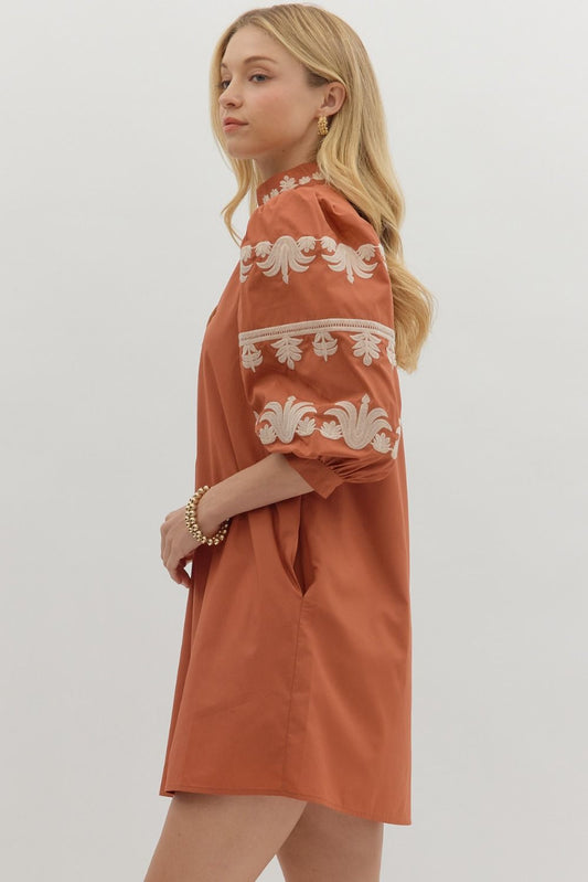 Entro Puff 3/4 Sleeve Dress with Embroidery Details