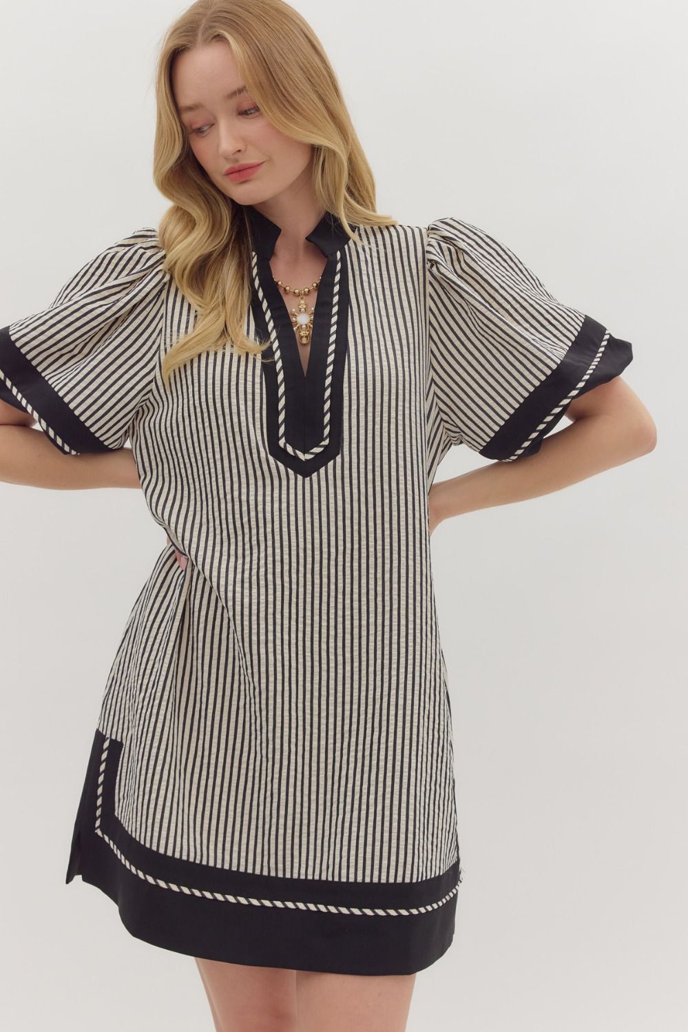 Entro Seersucker Lantern Sleeve Mini Dress