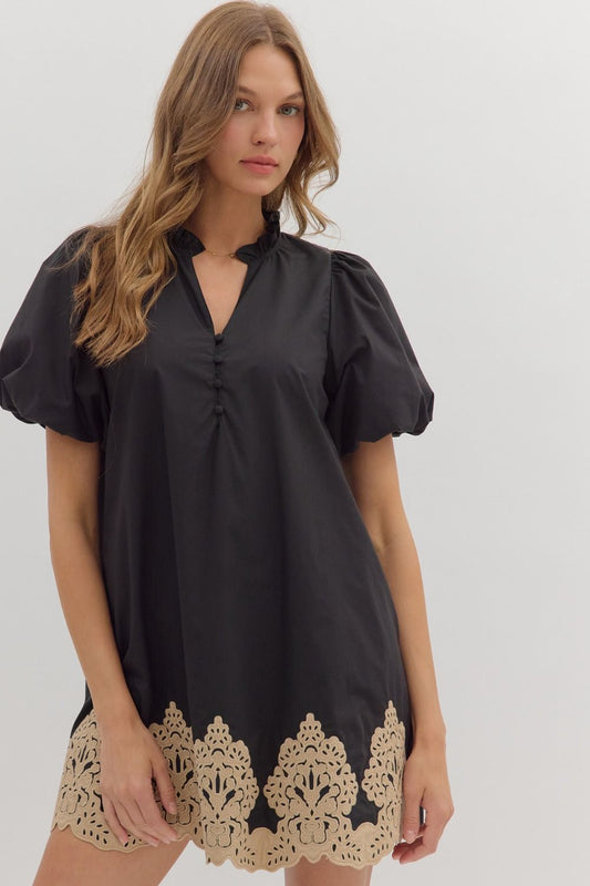 Entro Puff Sleeve Dress with Contrast Hem Embroidery