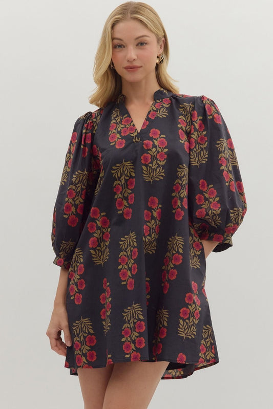 Entro Floral Vneck Band Collar Mini Dress