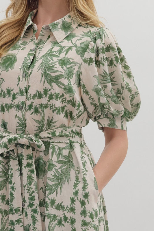 Entro Basil Floral Print Collar Belted Dress