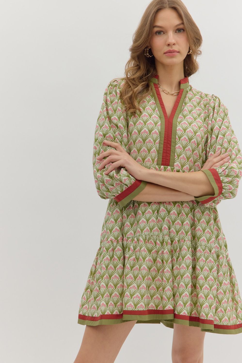 Entro Floral Tiered Mini Dress with Accent Bands