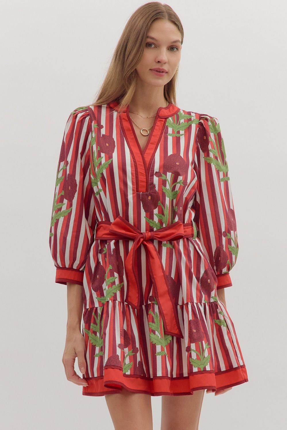 Entro Tie Waist Mini Dress with Floral and Stripes