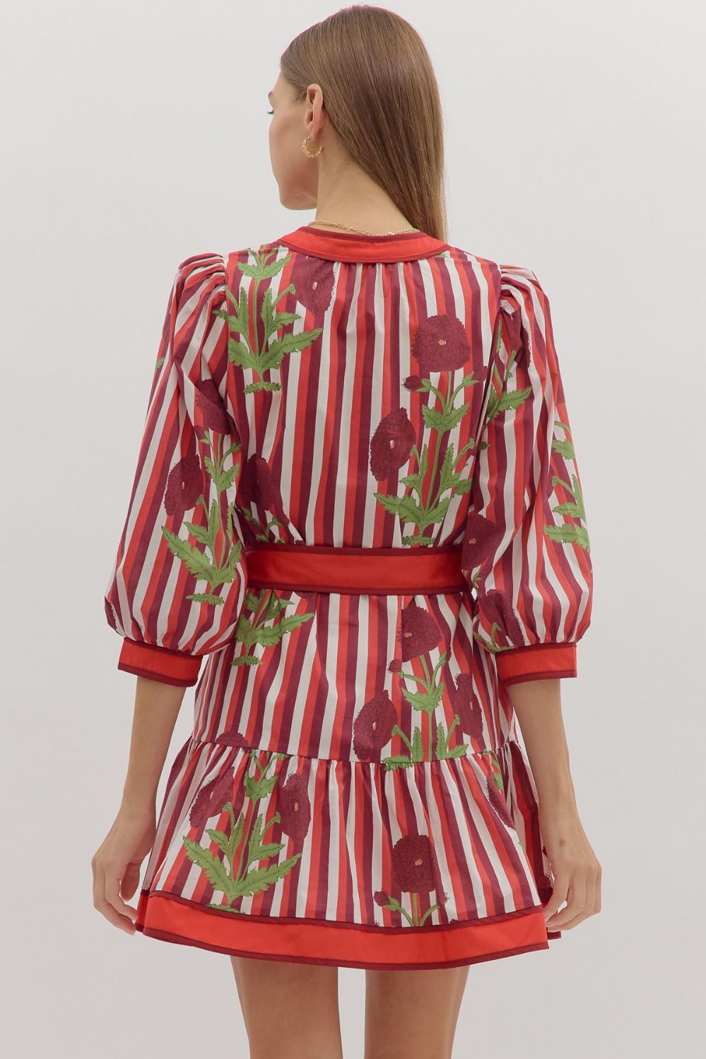 Entro Tie Waist Mini Dress with Floral and Stripes