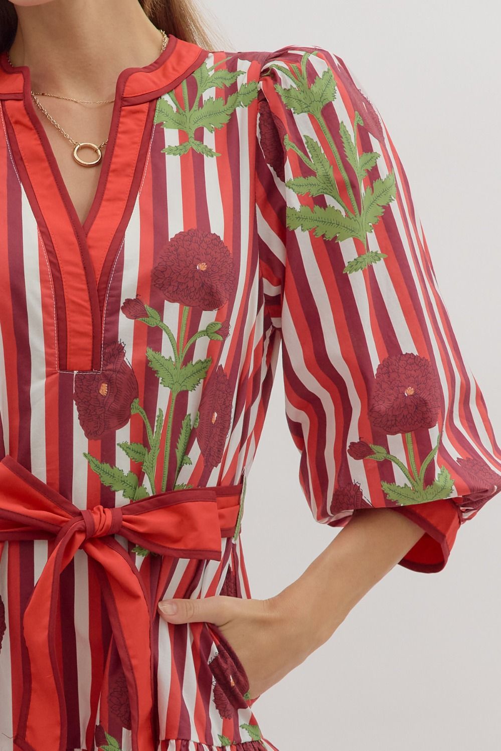 Entro Tie Waist Mini Dress with Floral and Stripes