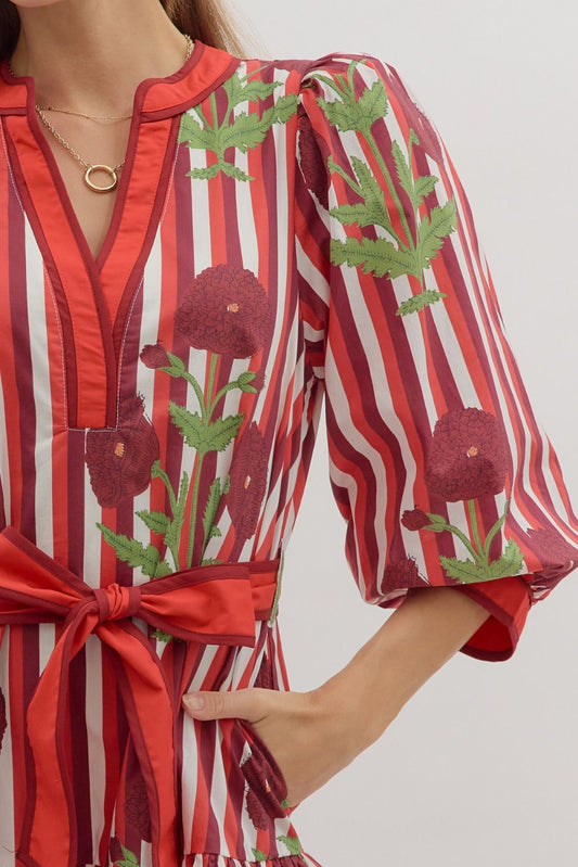 Entro Tie Waist Mini Dress with Floral and Stripes