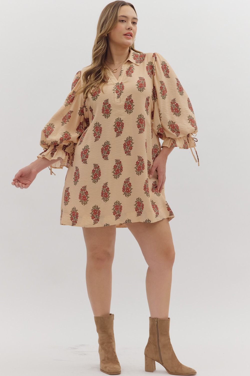 Entro Puff Sleeve Mini Dress with Drawstring Back