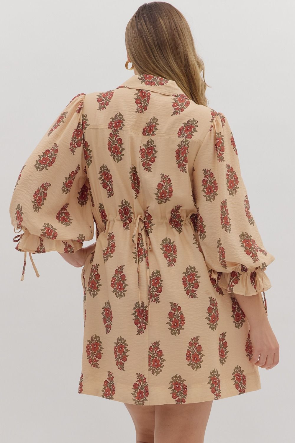 Entro Puff Sleeve Mini Dress with Drawstring Back