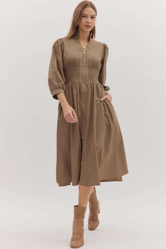 Entro Long Sleeve Smock Waist Midi