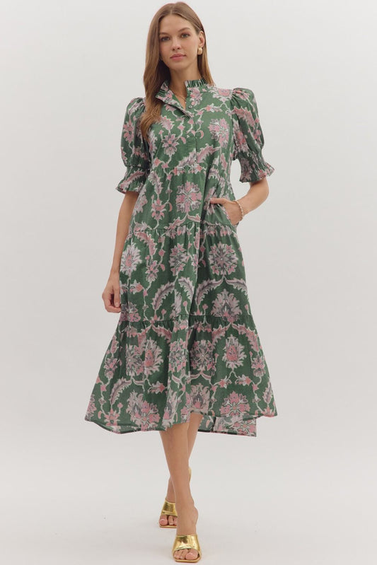 Entro Printed Puff Sleeve Midi Dress