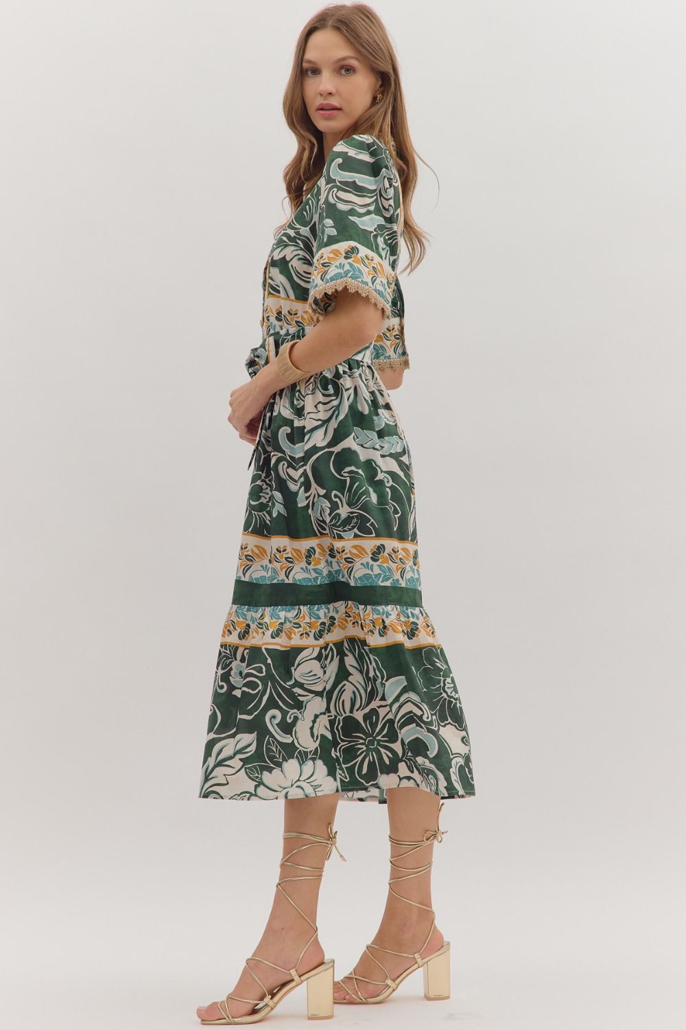 Entro Floral Midi with Notched Collar and Waist