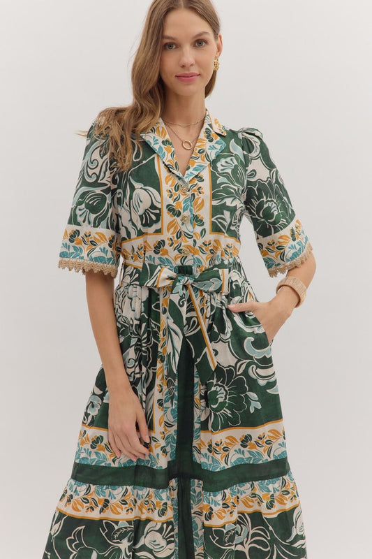 Entro Floral Midi with Notched Collar and Waist