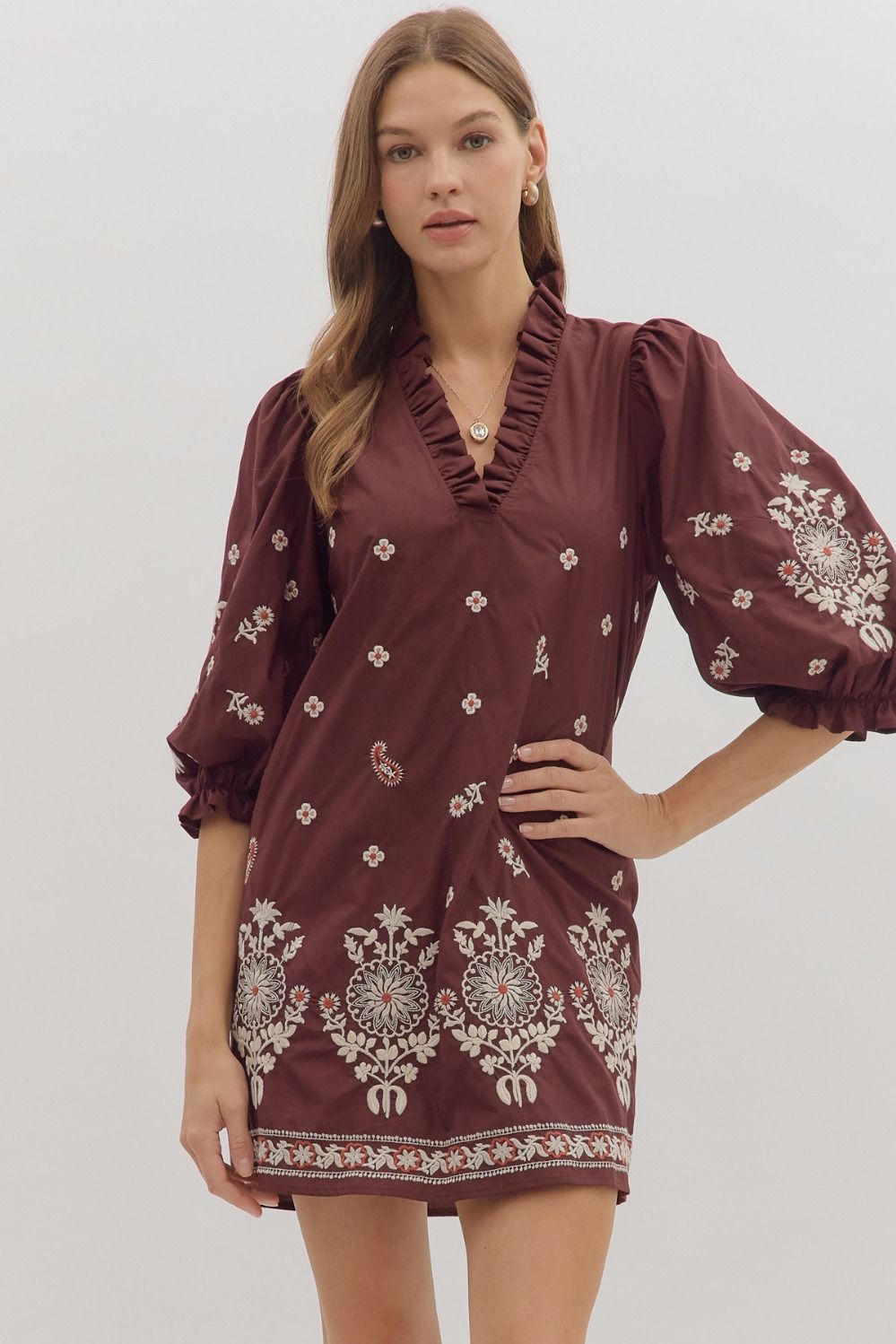 Entro Floral Embroidery 3/4 Sleeve Mini Dress
