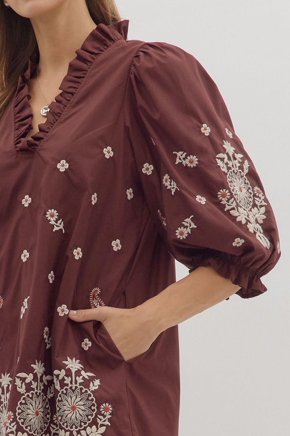 Entro Floral Embroidery 3/4 Sleeve Mini Dress