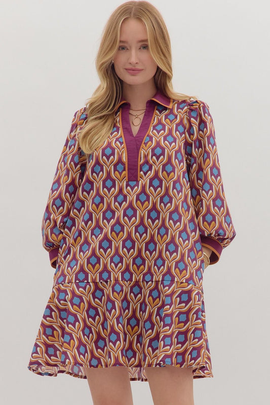Entro Geometric Print Long Sleeve Mini Dress