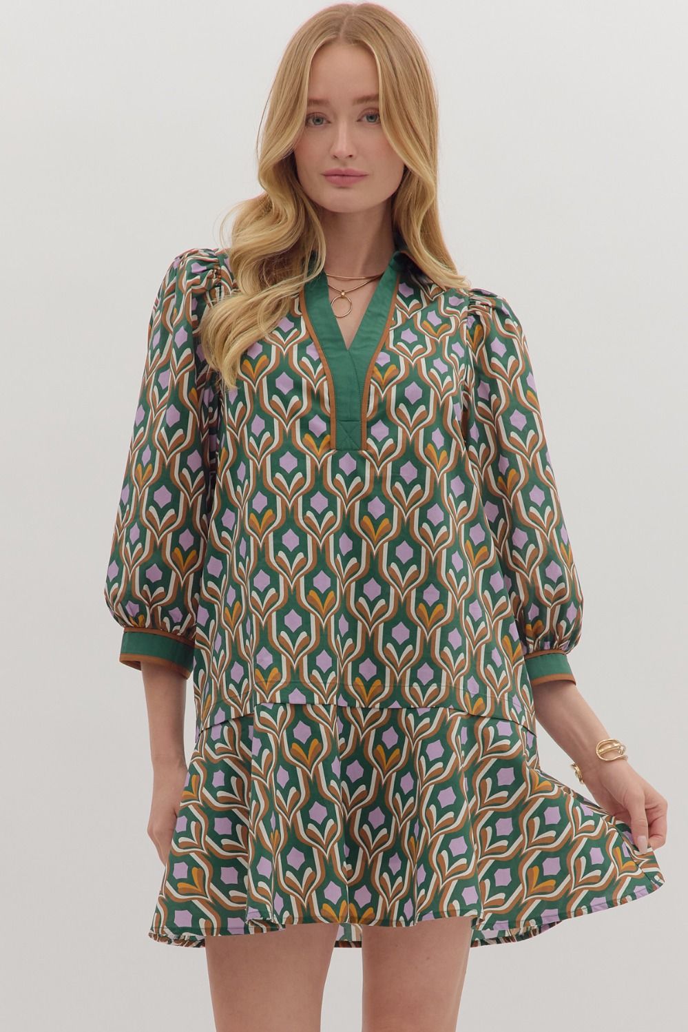 Entro Geometric Print Long Sleeve Mini Dress