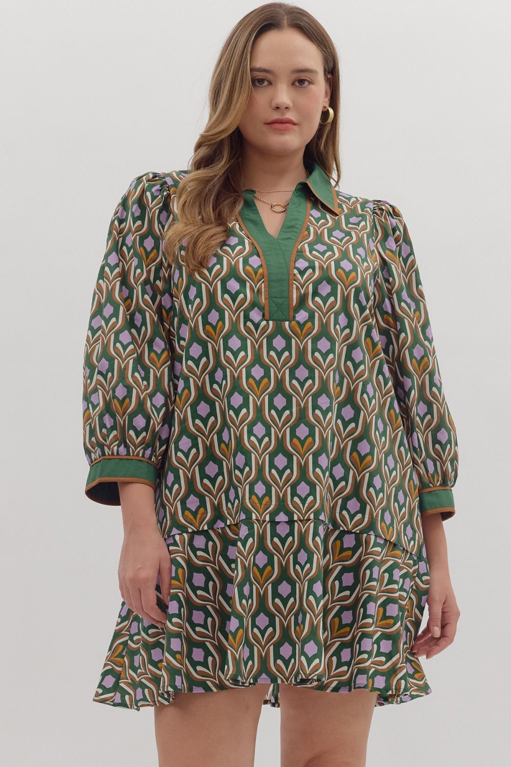 Entro Plus Geometric Long Sleeve Ruffle Dress