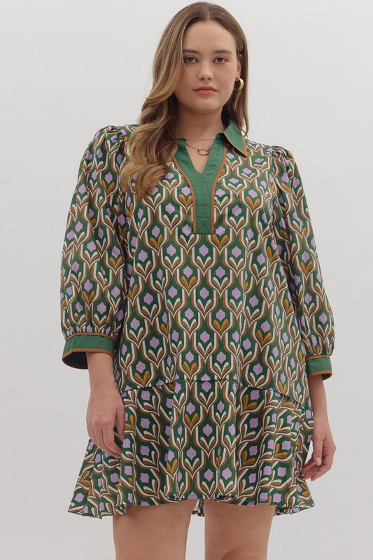 Entro Plus Geometric Long Sleeve Ruffle Dress
