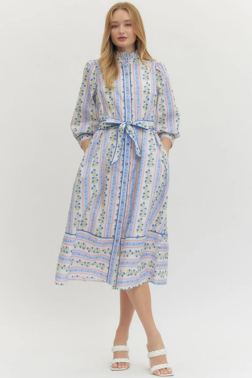 Entro Floral Striped Print 3/4 Sleeve Midi