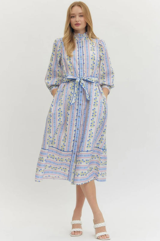 Entro Floral Striped Print 3/4 Sleeve Midi