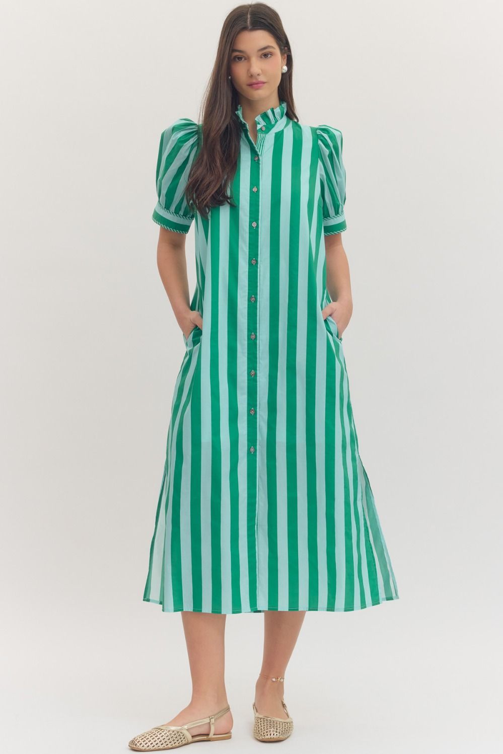 Entro Stripe Print Puff Sleeve Midi