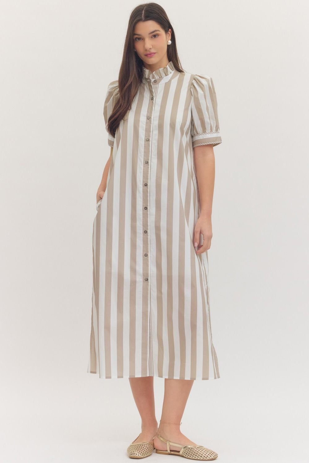 Entro Taupe Striped Midi Dress