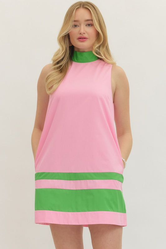 Entro Mini Dress with Stripe and Tie Neck