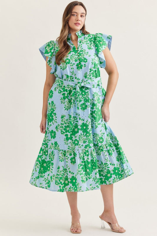 Entro Plus Flutter Sleeve Floral Eyelet Dress
