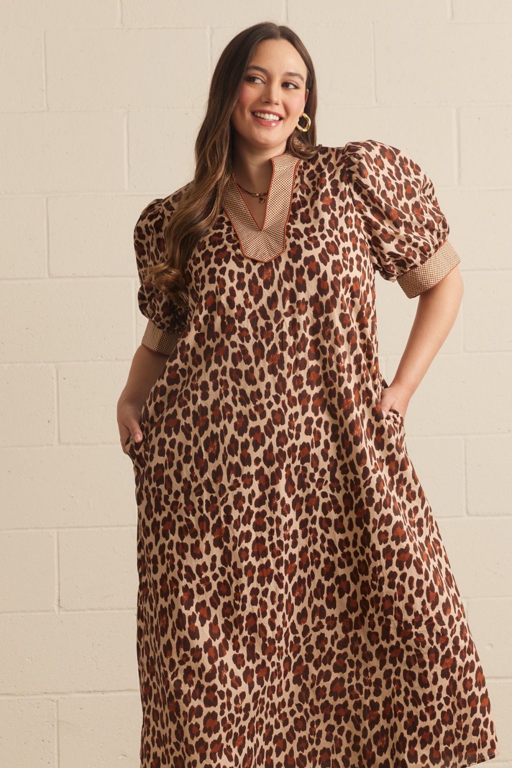 Entro Plus Leopard Puff Sleeve Midi