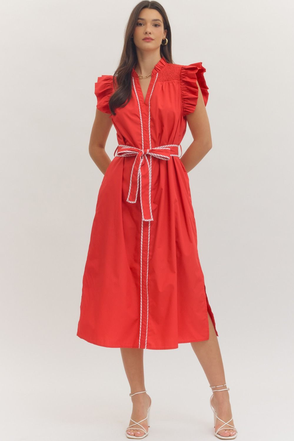 Entro Solid Ruffle Cap Sleeve Midi with Belt