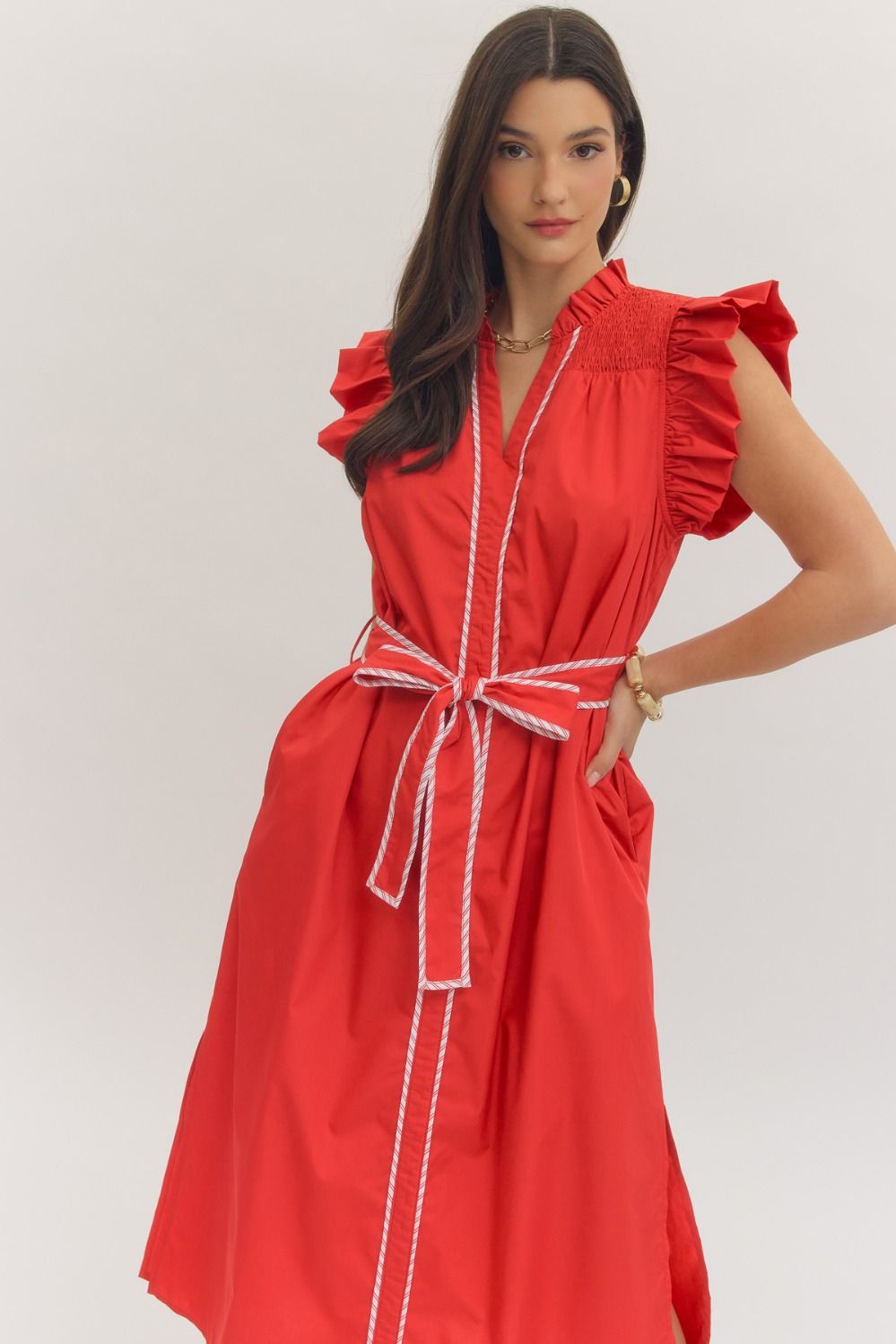 Entro Solid Ruffle Cap Sleeve Midi with Belt