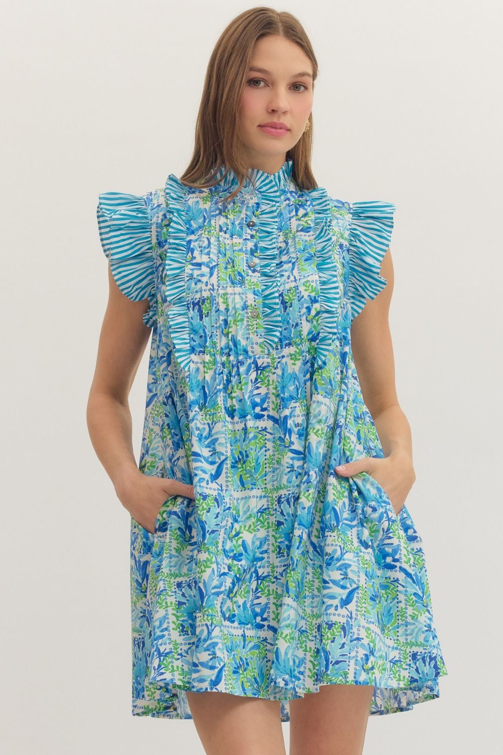 Entro Botanical Print Flutter Stripe Ruffle Dress