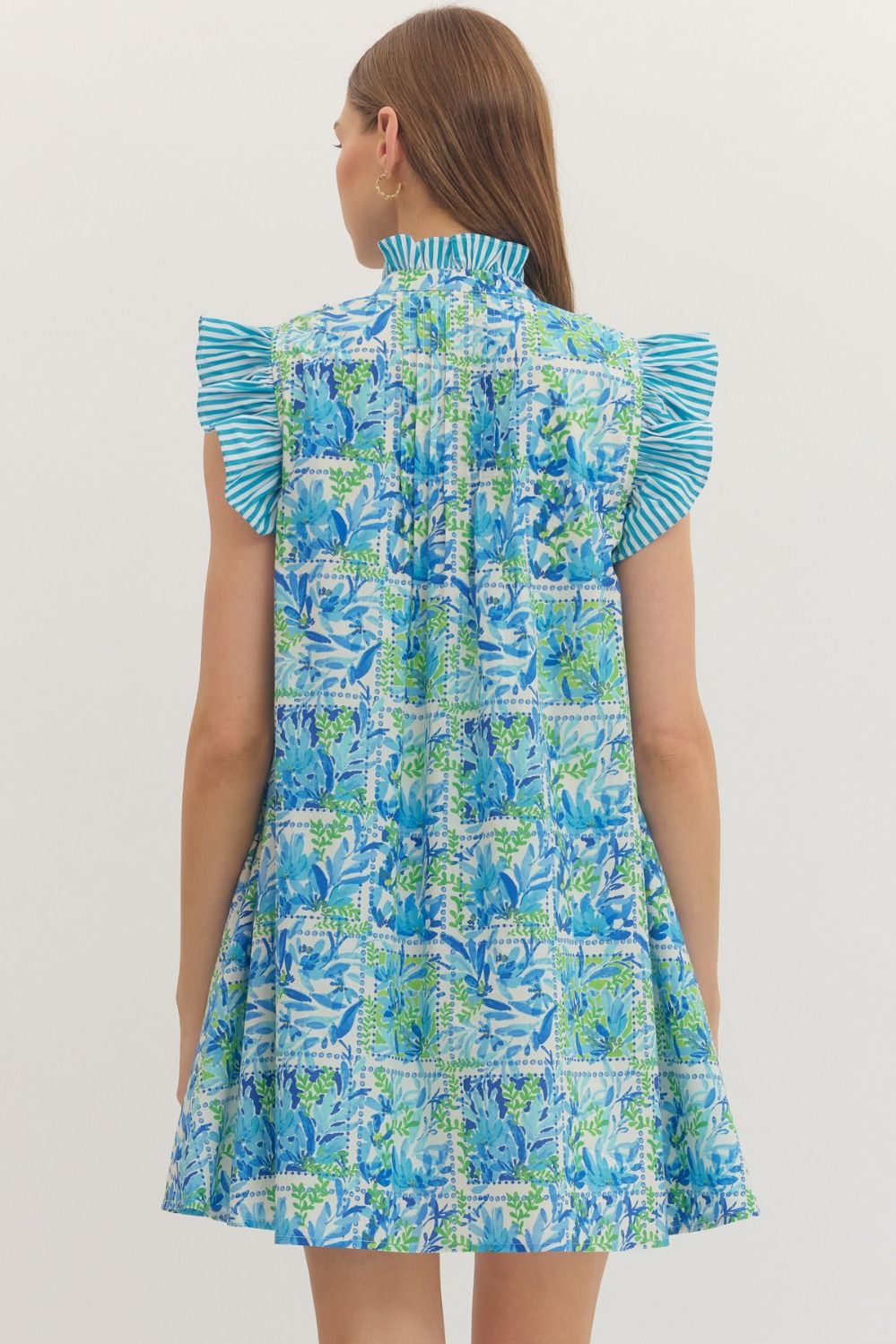 Entro Botanical Print Flutter Stripe Ruffle Dress