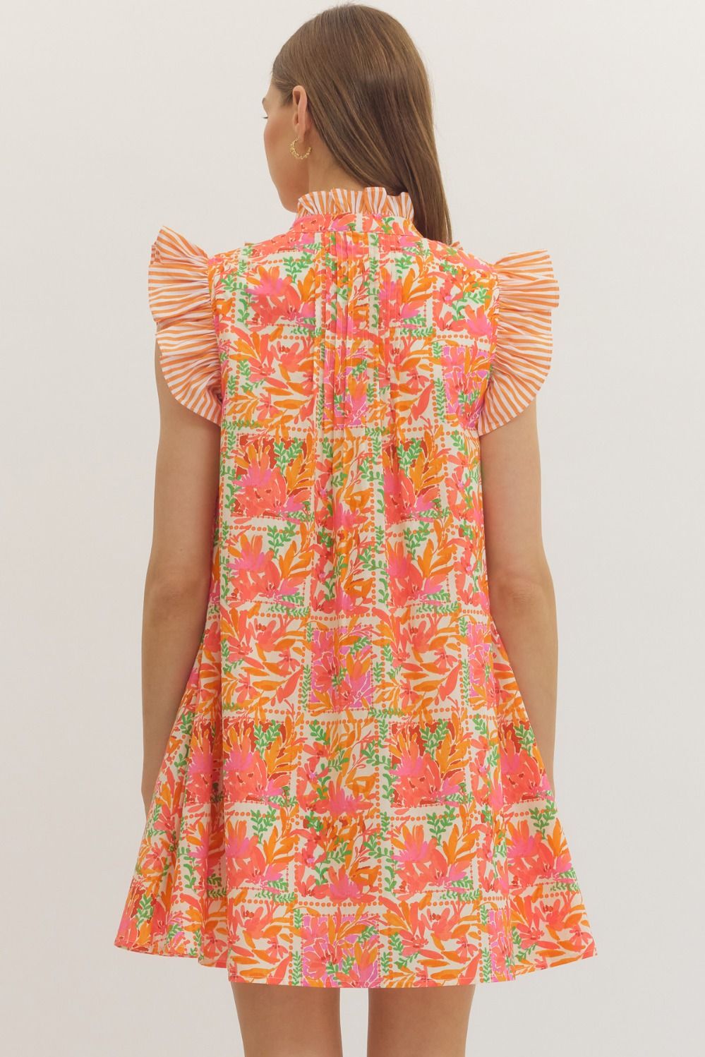 Entro Botanical Print Flutter Stripe Ruffle Dress