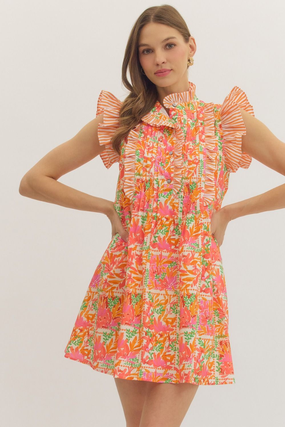 Entro Botanical Print Flutter Stripe Ruffle Dress