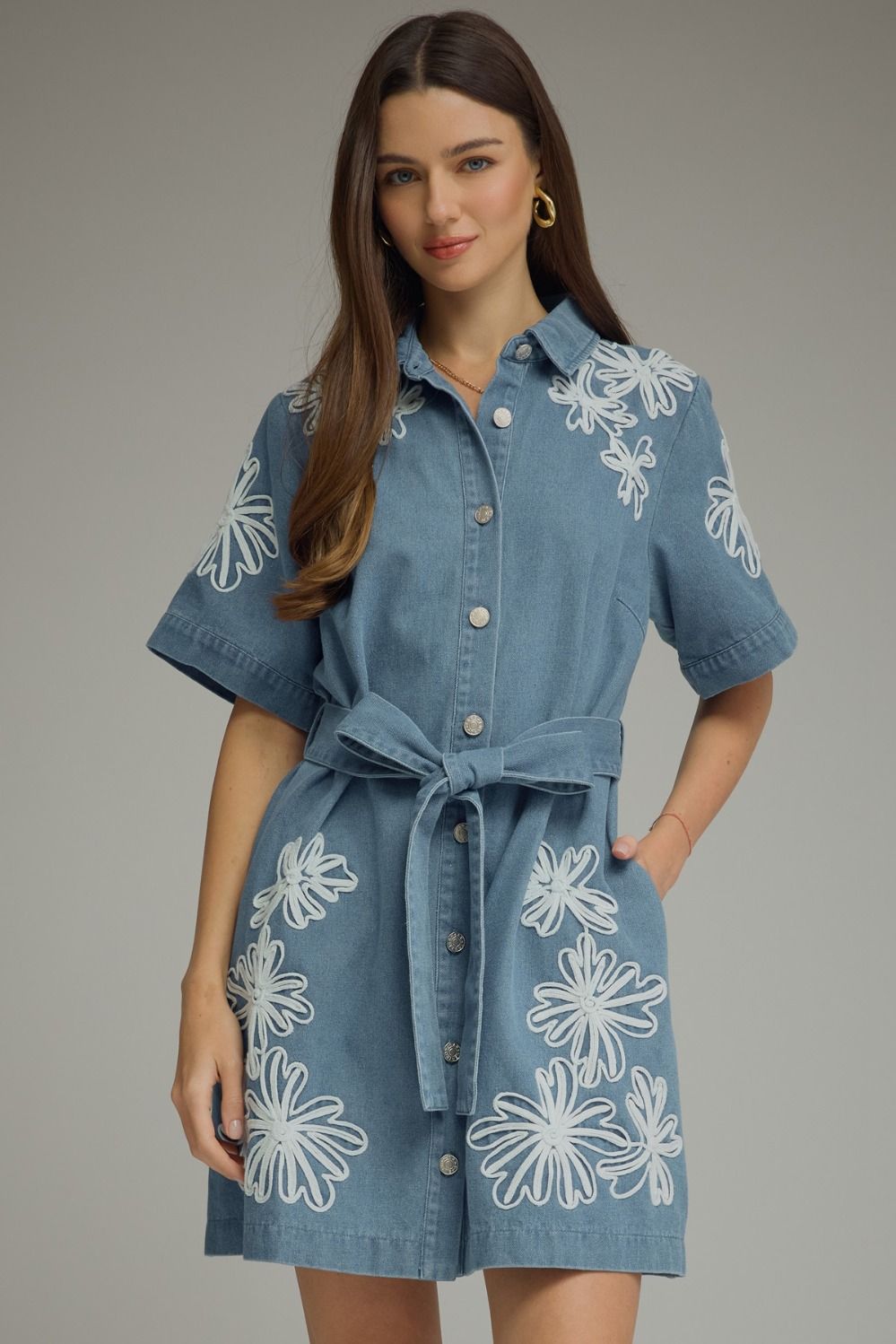 Entro Denim Dress with Belt and Embroidery