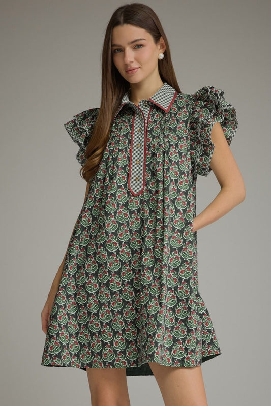 Entro Printed Mini Dress w/ Gingham Trim