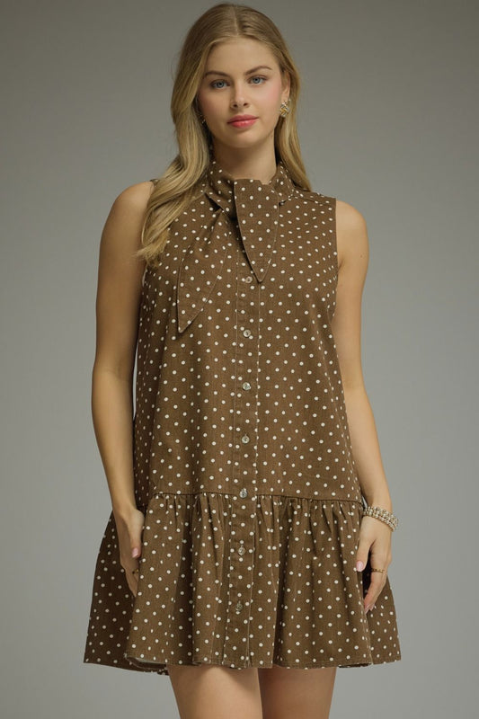 Entro Dotted Mini Dress with Neck Tie