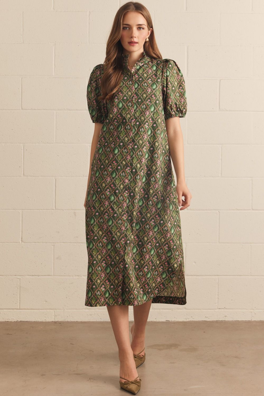 Entro Pine Floral Puff Sleeve Midi