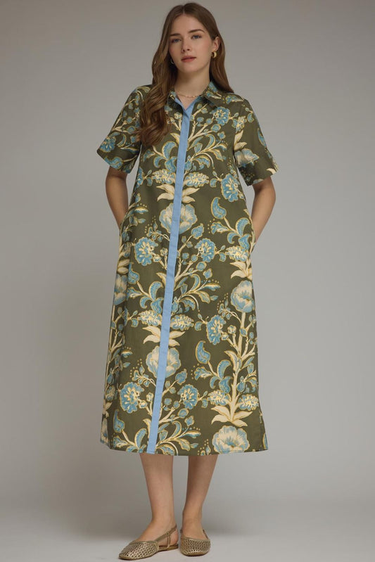 Entro Floral Midi Dress with Trim