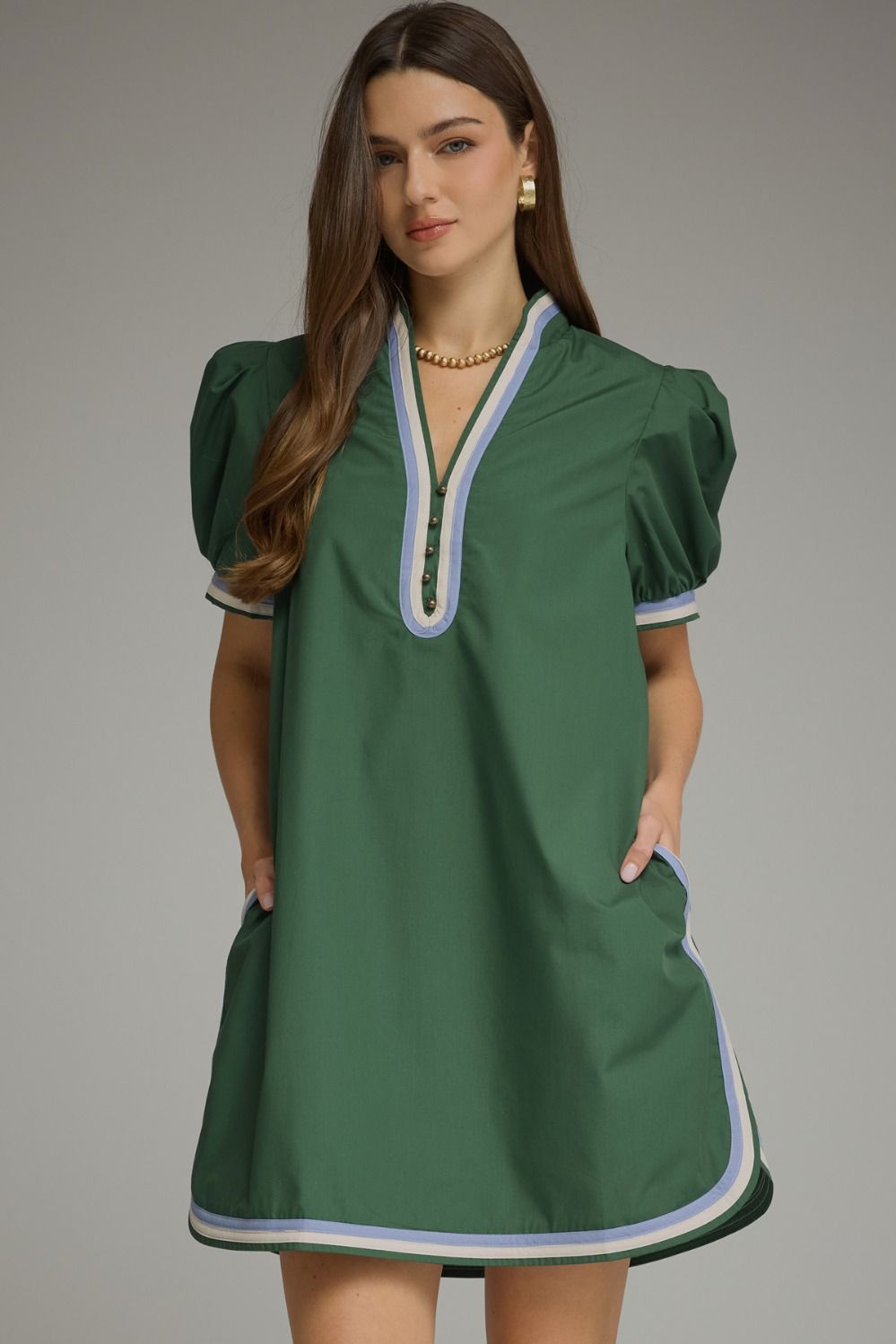 Entro Puff Sleeve Mini Dress with Buttons