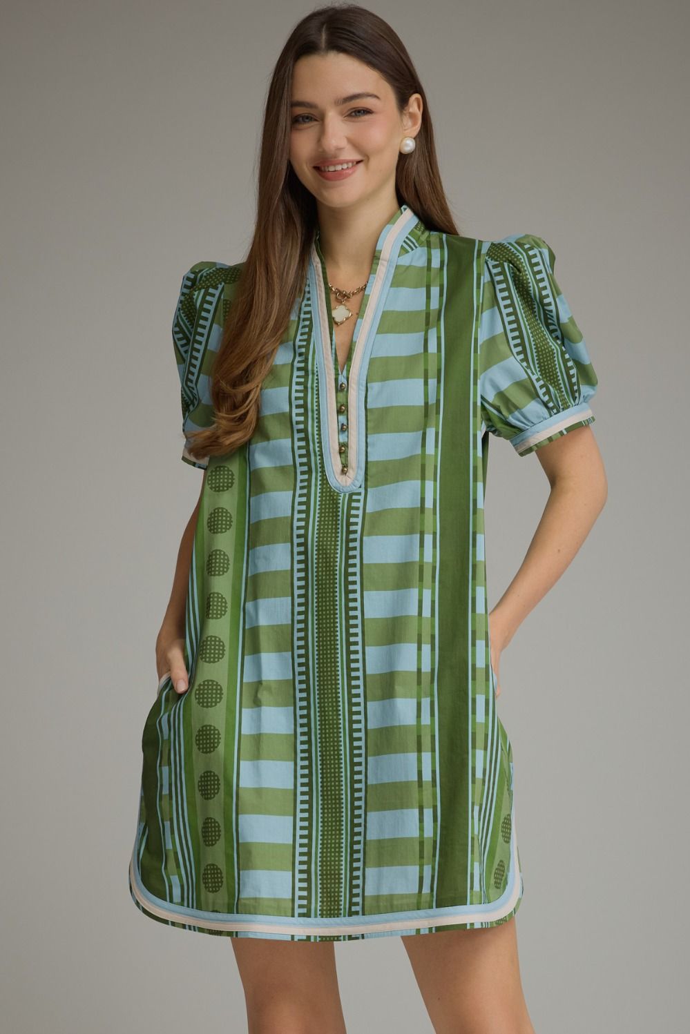Entro Mixed Pattern Olive Dress