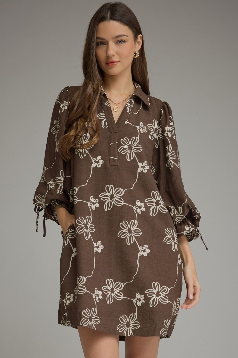 Entro 3/4 Brown Mini Dress with Cream Floral